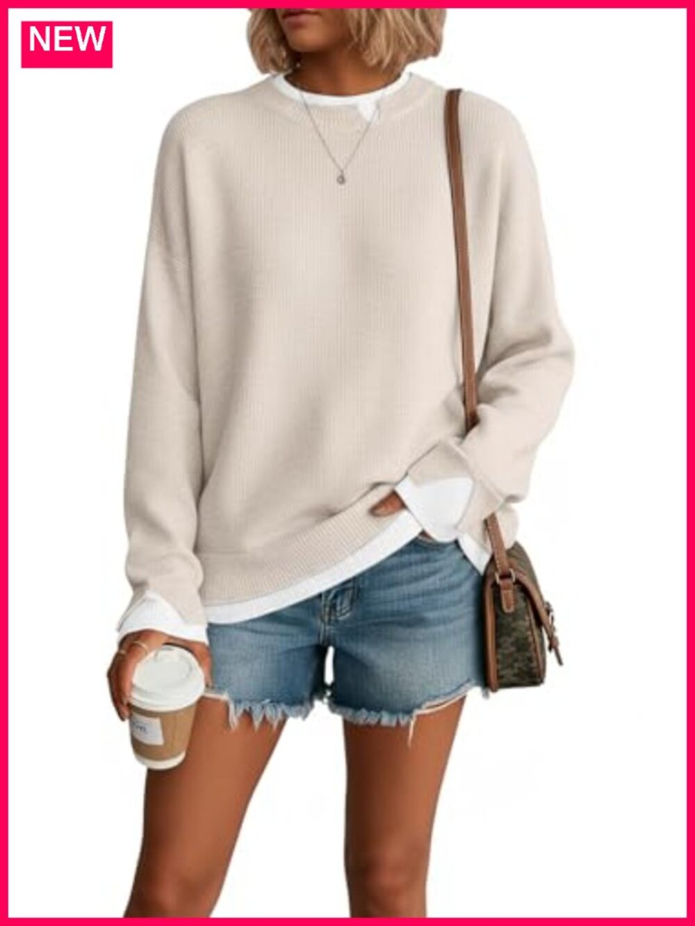 Oversized Knit Pullover Sweater Viscose Blend Long Sleeve Crew Neck - Picture 4 of 6